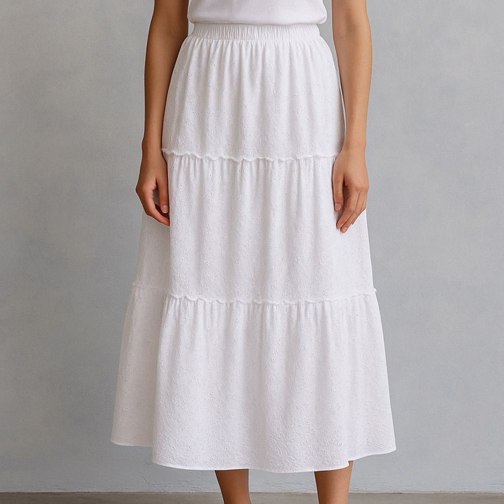 🆕🥥 Sam & Jess White Eyelet Tiered Midi Skirt XL Boho Summer Vacation Cottagecore